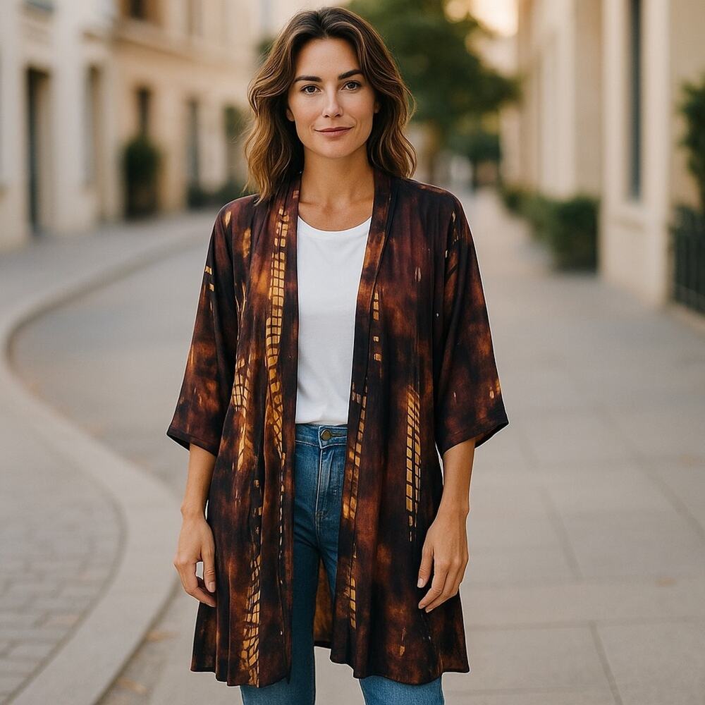 Coin 1804 Women's Elegant Tie-Dye Kimono Jacket Brown Black Gold 2X